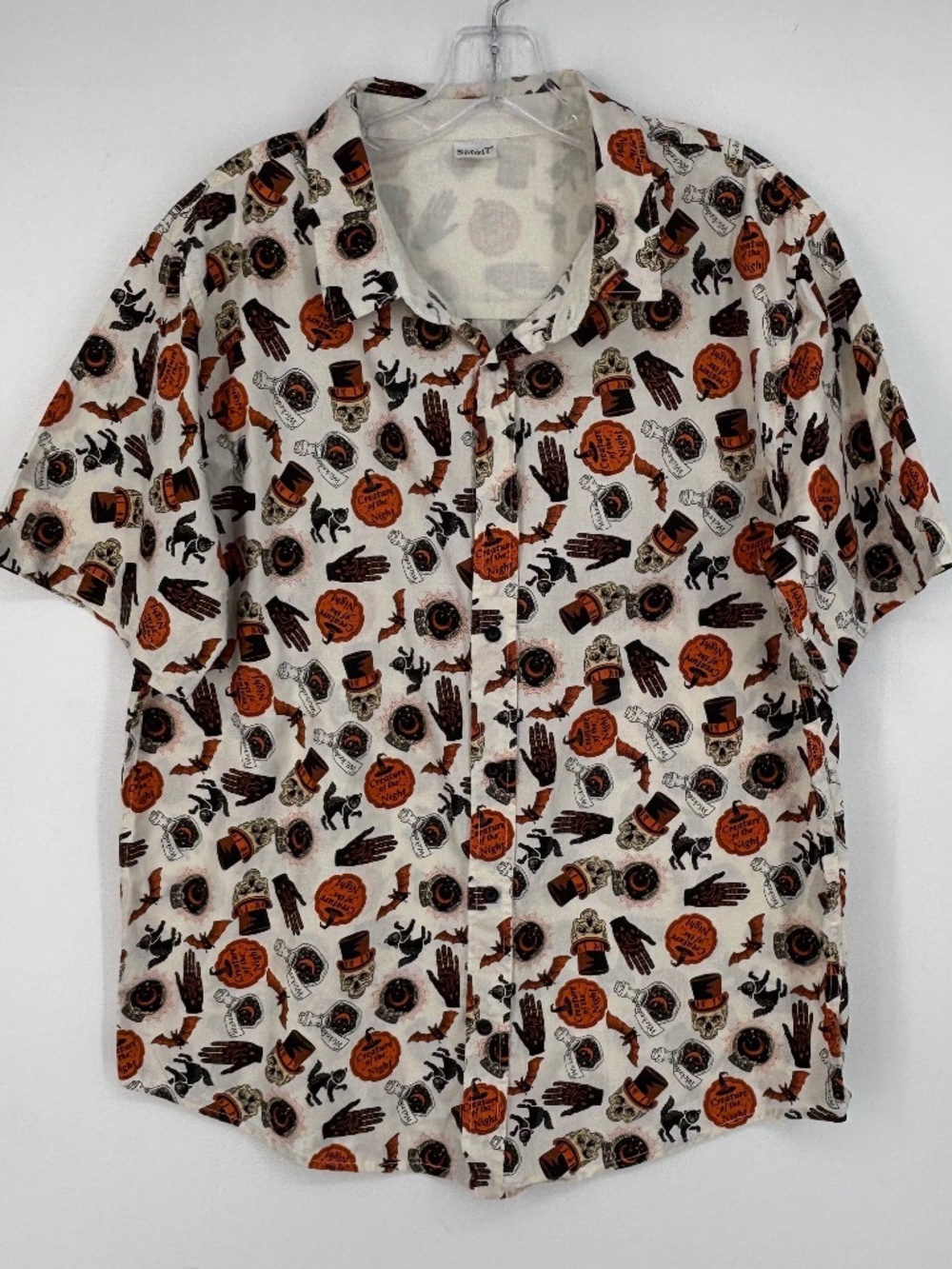 Spirit Mens Large Button Up Shirt Black Orange Spooky Halloween Print Short Slv
